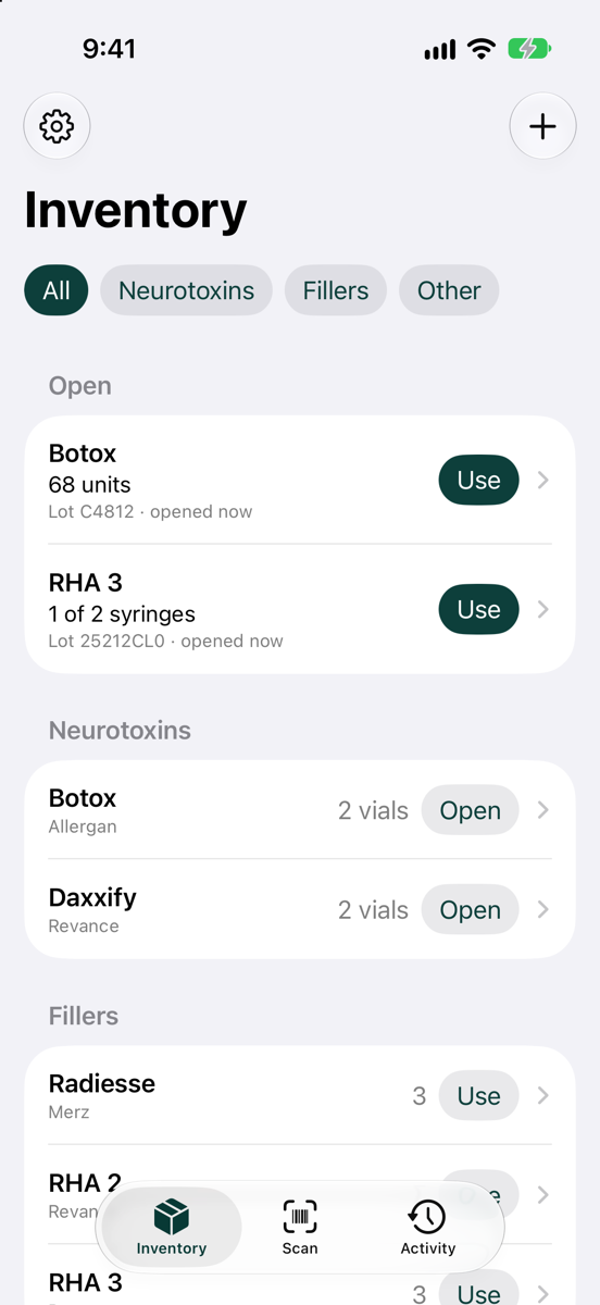 Rastro's Inventory screen: open Botox and RHA 3 at the top, then neurotoxins and fillers with their counts.